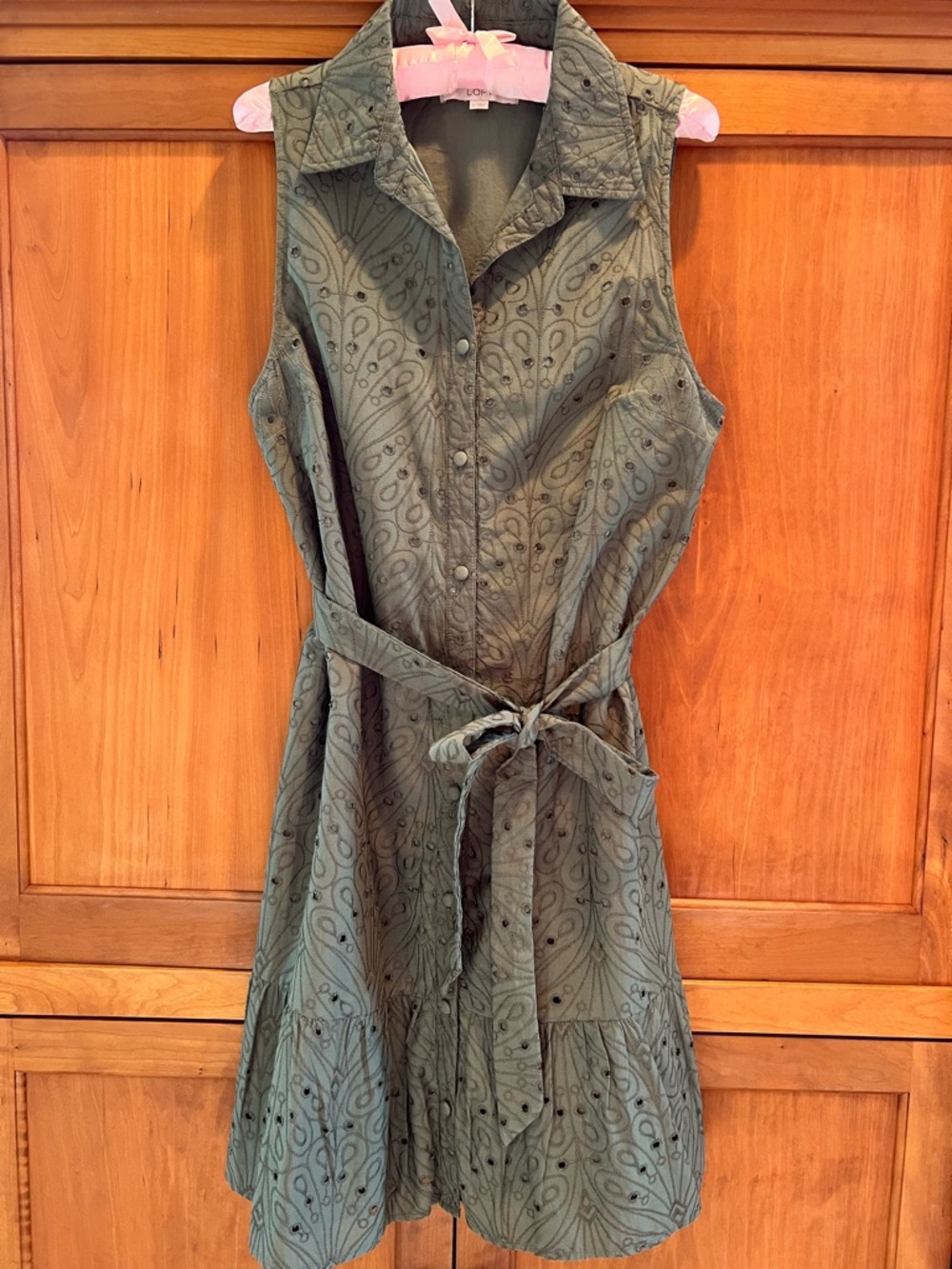 LOFT Olive Green Sleeveless Shirtwaist Midi Dress with Tie Waist
